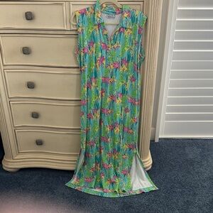Tropical Flamingo Print Sleeveless Maxi Dress in Green and Blue